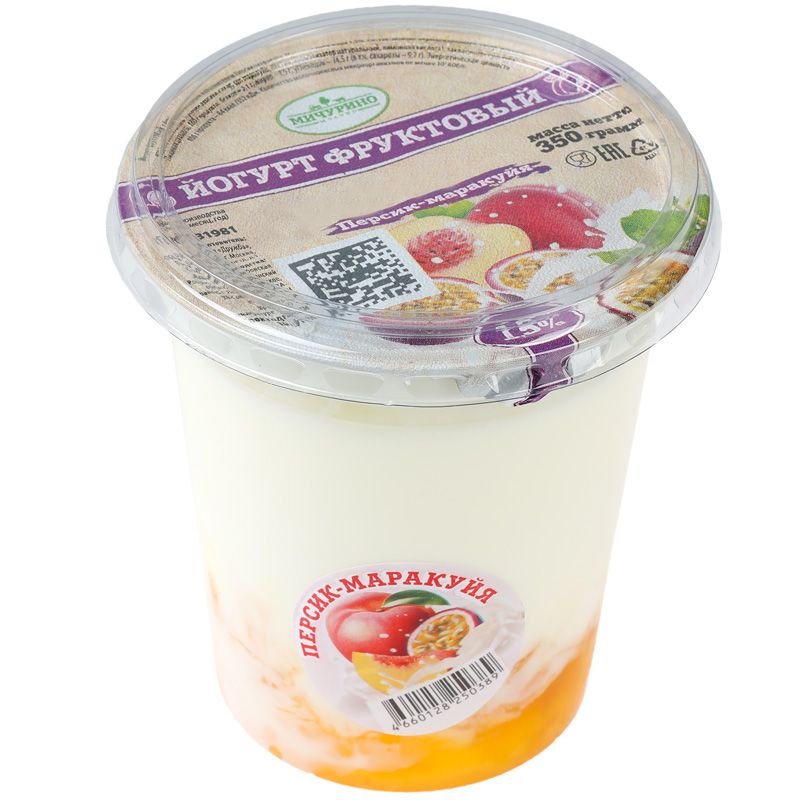 Йогурт фруктовый Персик-маракуйя 1.5% жир. Мичурино молоко 350г йогурт фругурт фруктовый персик маракуйя 2 5% 250 г