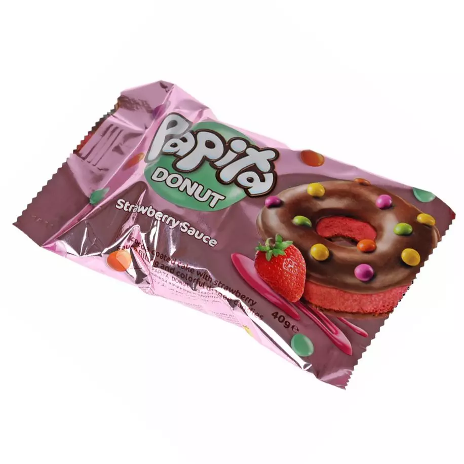 Кекс Papita Donut с какао-глазурью, клубничной начинкой и цветным