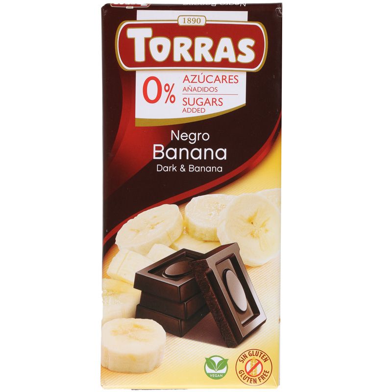 Шоколад темный с кусочками банана без сахара Torras 75г мини кексы юбилейное с кусочками темного шоколада и с какао 140 г