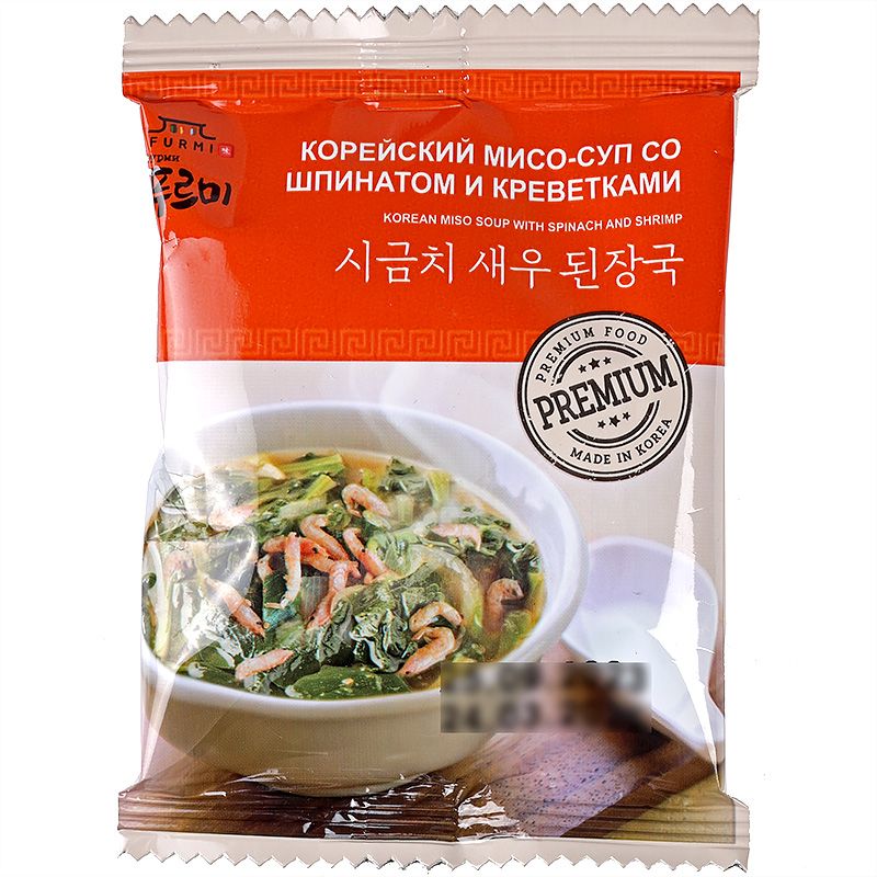 сливочный суп с лососем и креветками Корейский мисо-суп со шпинатом и креветками 10г