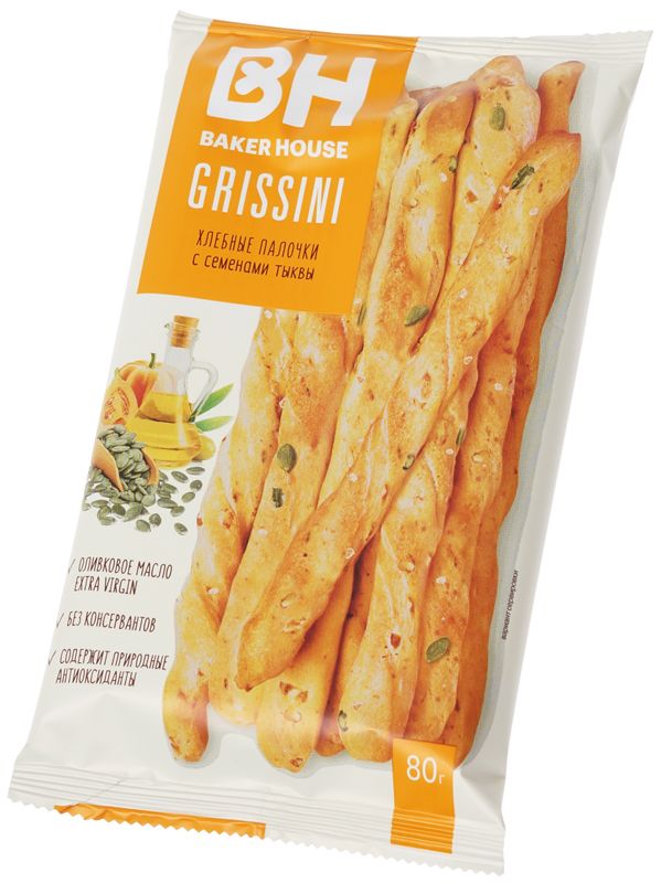 Хлебные палочки Baker House Grissini с семенами тыквы 80г хлебные палочки roberto grissini crocchini с розмарином 250 г