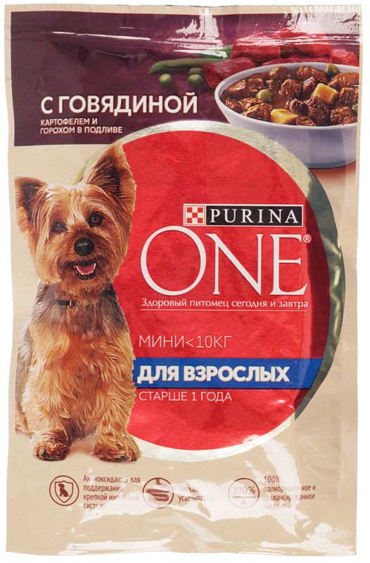 Влажный корм для взрослых собак Purina One Mini с говядиной, картофелем и горохом в подливе 85г