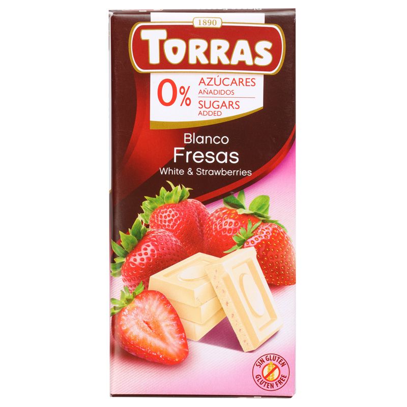цена Шоколад белый Toras с кусочками клубники без сахара 75г