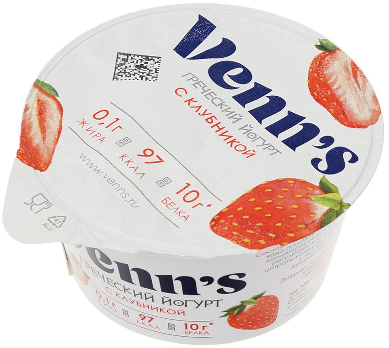 Йогурт Греческий обезжиренный с клубникой сливочный густой с высокой концентрацией белка Venn`s130г йогурт venn s греческий обезжиренный с черникой 0 1% 130г
