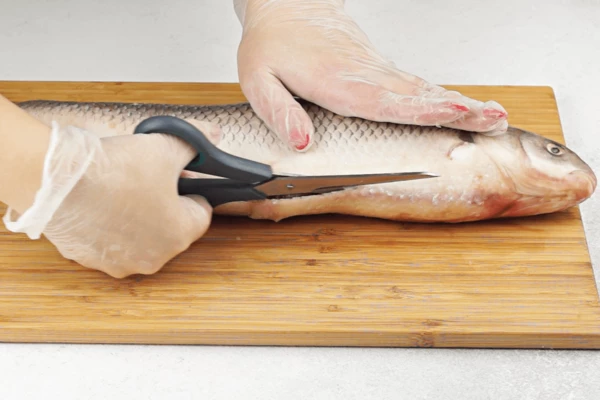 Рыбу разморозить в холодильнике на нижней полке, промыть от естественной слизи, удалить плавники. Аккуратно, не зацепив желчный пузырь, разрезать по брюшку, удалить внутренности, промыть, обсушить бумажным полотенцем. Если попалась икра, то ее тоже используем для жарки. 
