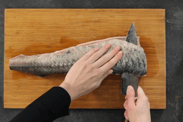 Разрезать на 2 филе, нарезать на стейки. 
