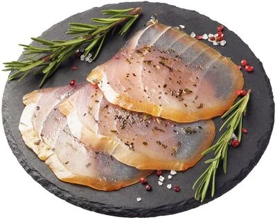 Марлин атлантический голубой холодного копчения с базиликом, оливковым маслом и чесноком филе-ломтики 100г-0}