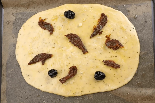 Украсить маслинами, вялеными томатами, веточками розмарина. Так как фокачча получается пресной, то при желании можно посыпать морской солью.