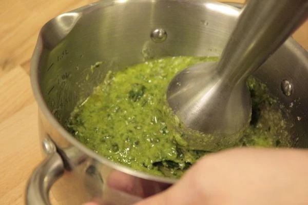 В чашку для взбивания положить листья базилика, сыр, чеснок, кедровые орехи, масло оливковое. Посолить по вкусу. Взбить на средней скорости блендера до однородной консистенции.