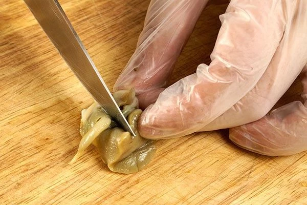 Разрезать моллюска со стороны желудка.