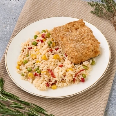 Горбуша жареная в сухарях с рисом по-гавайски Деликатеска 250г-1}