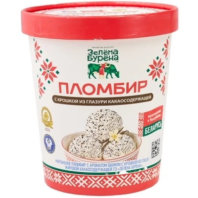Мороженое пломбир с ароматом ванили с крошкой из глазури Зелёна-Бурёна 15% жир. 500г-0}