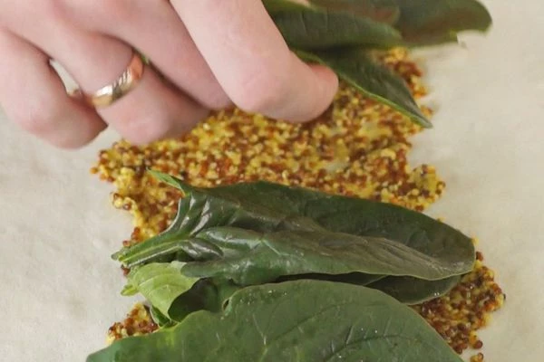 На горчицу разложить шпинат.