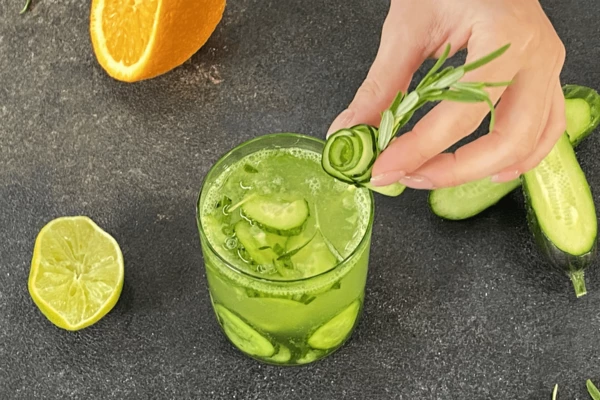 В бокал с огурцами влить воду, добавить лед. Оформить огурцом и розмарином. 