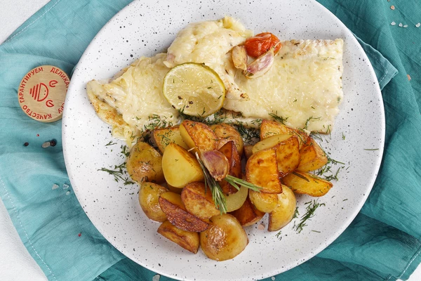 Готовую треску подать с жареным картофелем, посыпав мелко нарезанной зеленью.