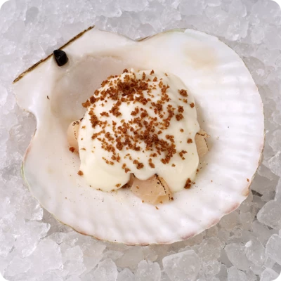 Гребешок с пюре из цветной капусты и землей из бородинского хлеба-0}