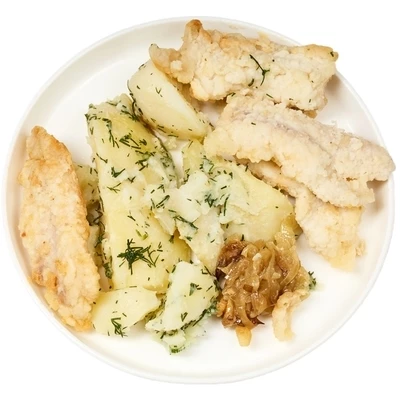 Минтай жареный на луковой подушке с отварным картофелем Деликатеска 250г-0}