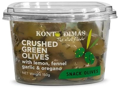 Оливки зеленые с косточкой битые с лимоном, фенхелем, чесноком и орегано Kontodimas Греция 150г-0}