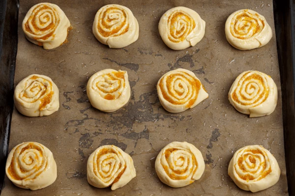 Выложить на противень, оставляя расстояние между булочками примерно 2см. Поставить в разогретую до 180С духовку на 25-30 минут (в зависимости от мощности вашего оборудования).