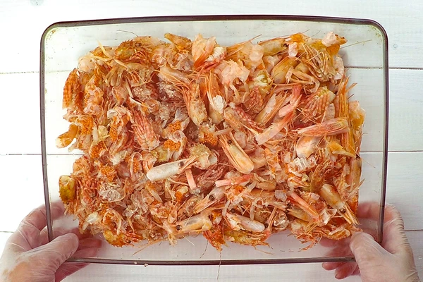 Панцири креветок и головы выложить на противень.