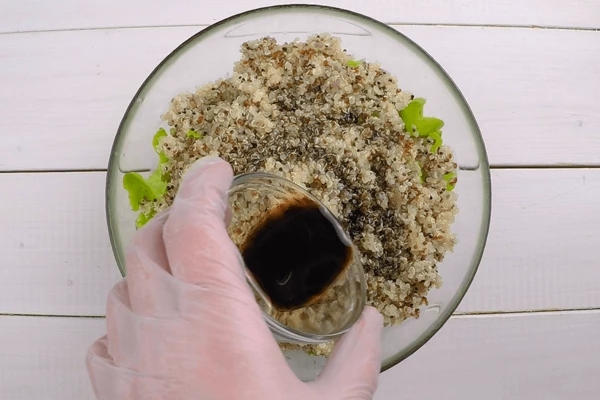 Заправить маслом и бальзамическим уксусом. По вкусу посолить поперчить.