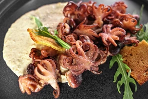 Молодые мини-осьминоги в ореховом соусе с хлебными чипсами