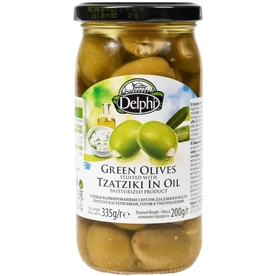 Оливки фаршированные соусом Дзадзики в масле Delphi Греция 336г-0}