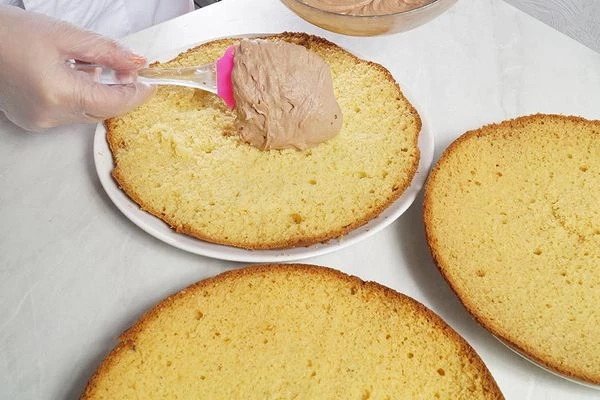 Шоколадный крем разделить зрительно на 3 части и промазать остывшие коржи.