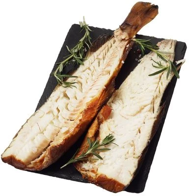 Треска горячего копчения потрошеная без головы ~400г-1}