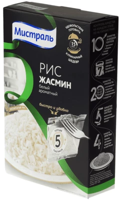 Рис Жасмин белый ароматный длиннозерный в варочных пакетиках Мистраль 5шт.*80г-1}