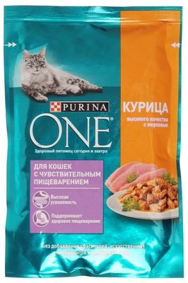 Влажный корм для кошек с чувствительным пищеварением Purina One Курица и морковь 75г-0}