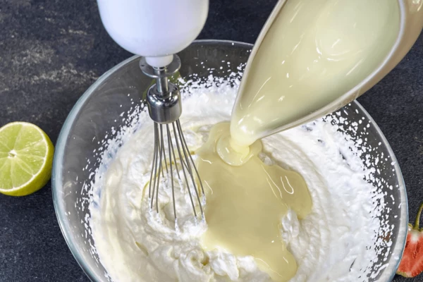 Затем тонкой струйкой вливать сгущёнку и продолжать взбивать. 