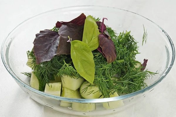 В отдельной чашке смешать огурцы, укроп и базилик, посолить, поперчить по вкусу. 