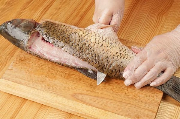 Повернуть нож на 90 градусов и срезать филе на коже вдоль хребта, от головы к хвосту.