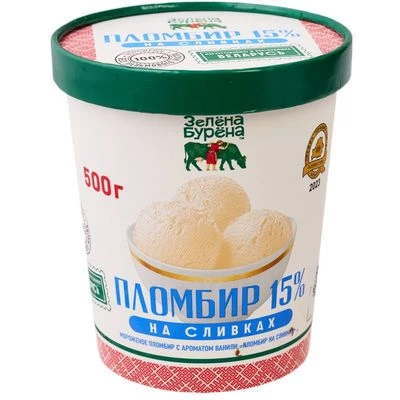 Мороженое пломбир на сливках с ароматом ванили 15% жир. Зелёна Бурёна 500г -0}