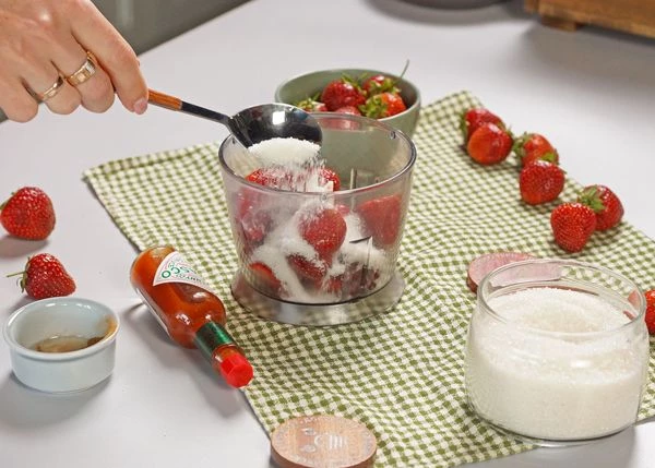 Для соуса измельчить в блендере клюкву, клубнику, сахар и соус Табаско.