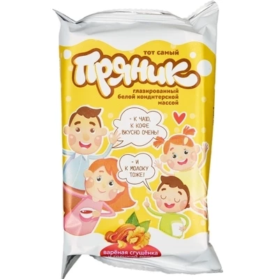 Пряник в белой молочной глазури с начинкой из вареной сгущенки и грецких орехов 100г-0}