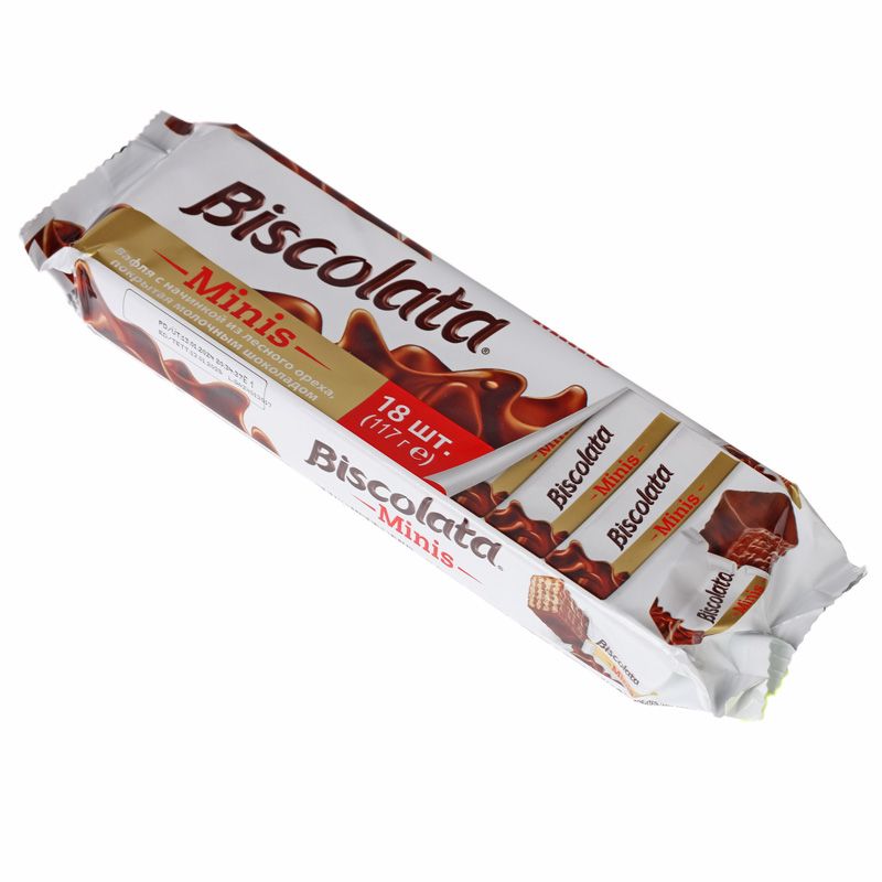 Вафли Biscolata Minis в молочном шоколаде с ореховым кремом 117г пирожное бисквитное milka choko snack minis с молочным кремом в молочном шоколаде 5×16 г