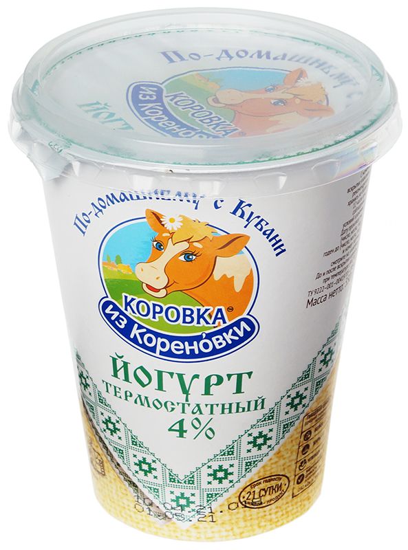 Йогурт термостатный Коровка из Кореновки 4% жир. натуральный и густой без сахара 300г мацони термостатный коровка из кореновки 4% жир 300г